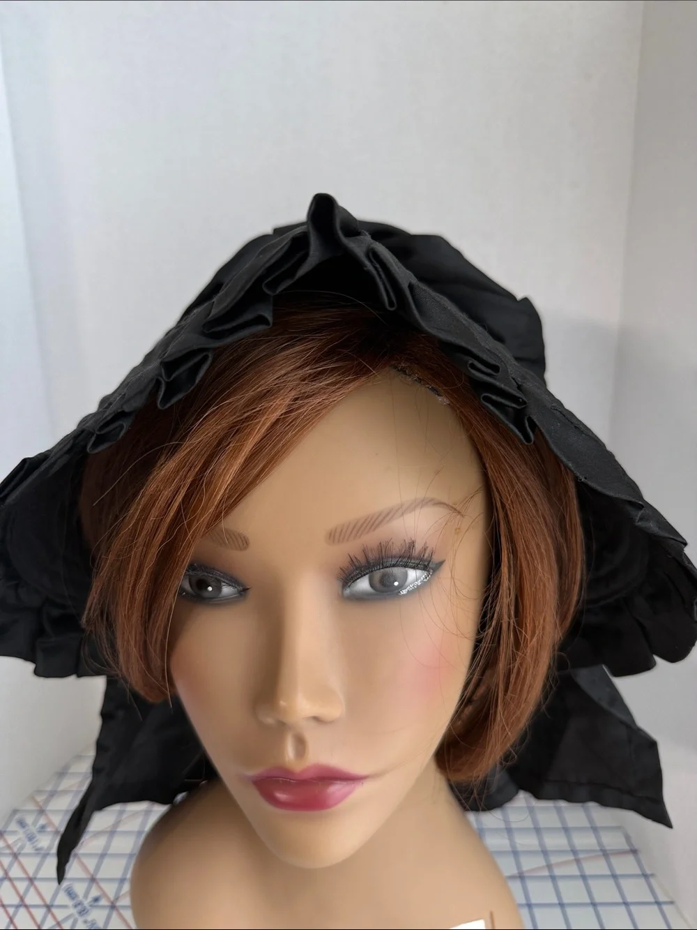 Vintage 1940s Black Satin Bonnet Quilted Ruffle Prairie Victorian Style Costume